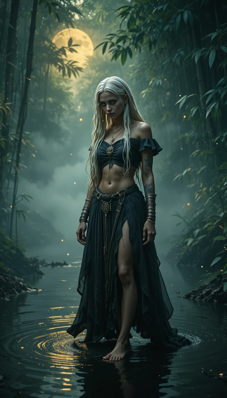 Moonlit swamp witch standing in misty bamboo water