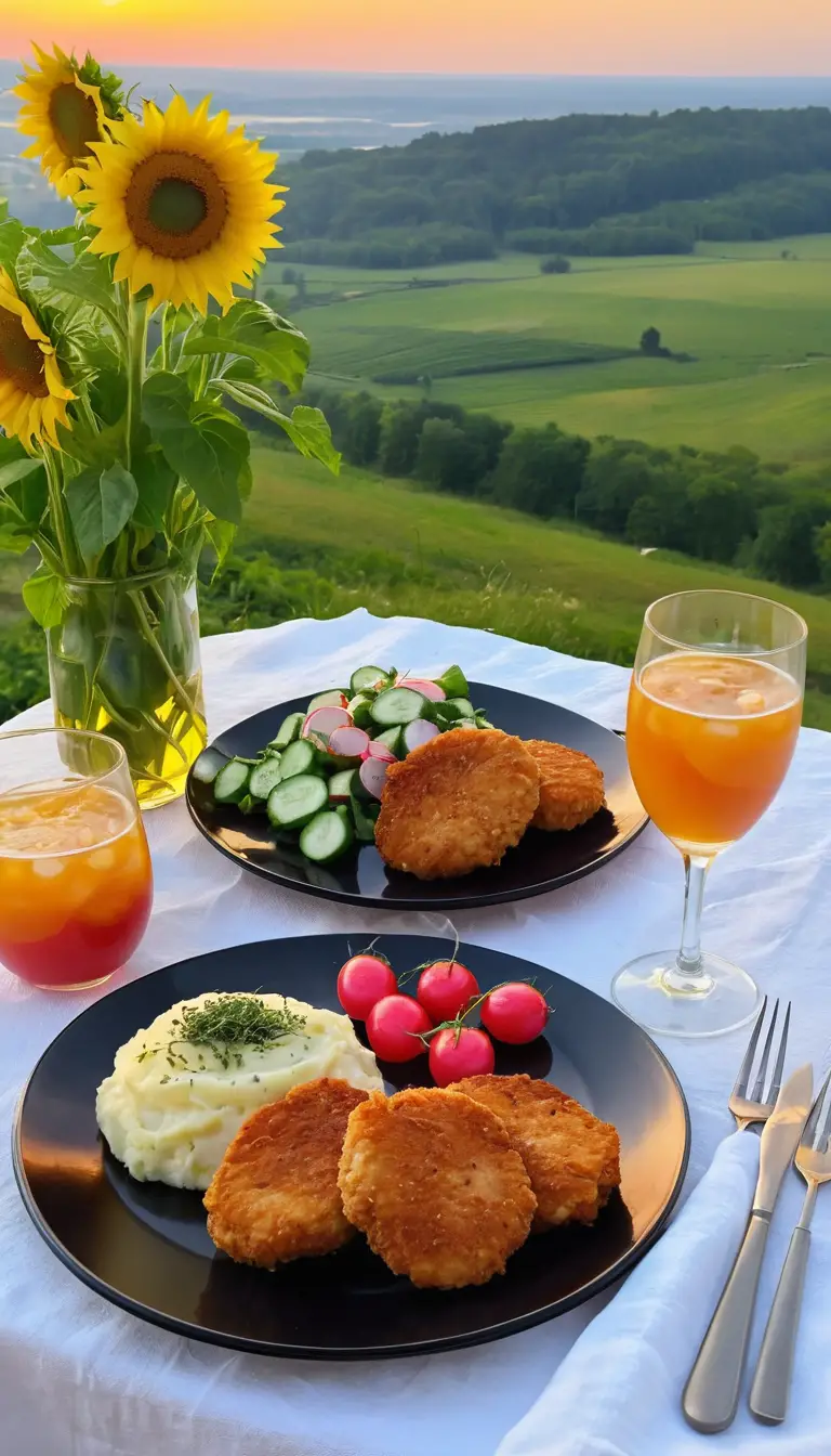 Chicken cutlets and salad on black plates at sunset
