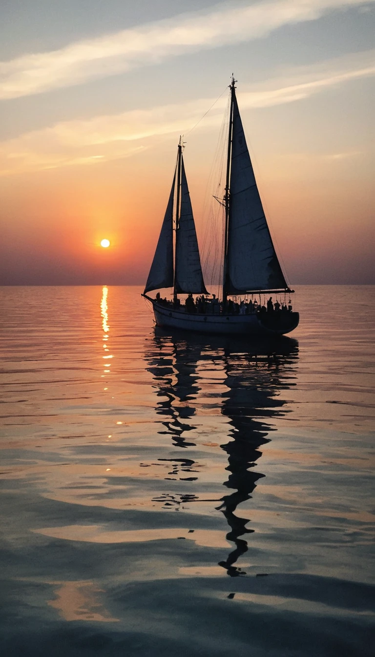 Schiffe segeln bei Sonnenuntergang über ein ruhiges Meer