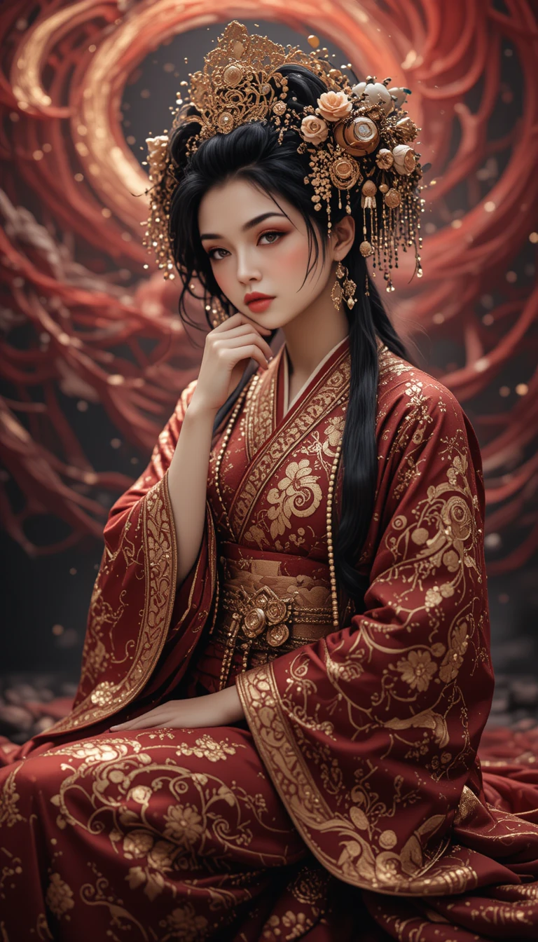 Ritratto di elegante donna giapponese in kimono rosso e oro