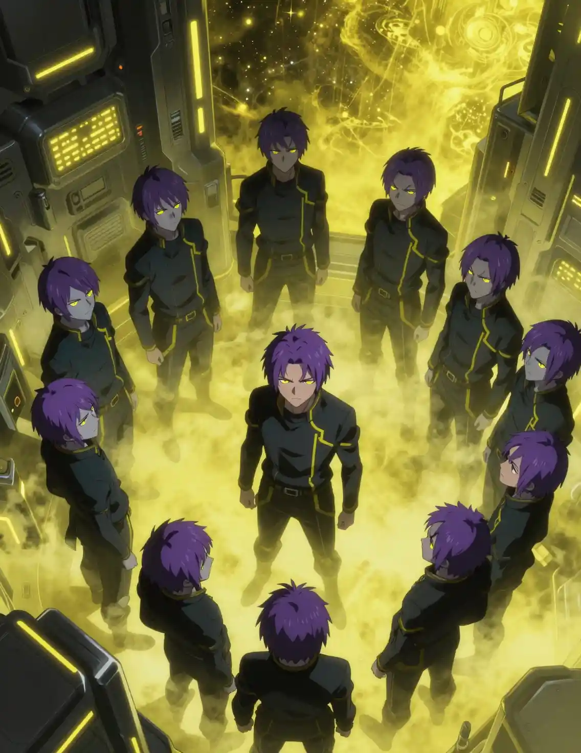 Overhead view of glowing eyed boys in sci fi facility
