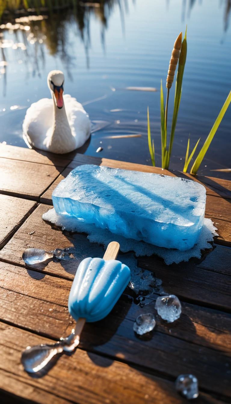 Schmelzendes blaues Eis am Stiel bildet einen kleinen Teich auf dem Tisch