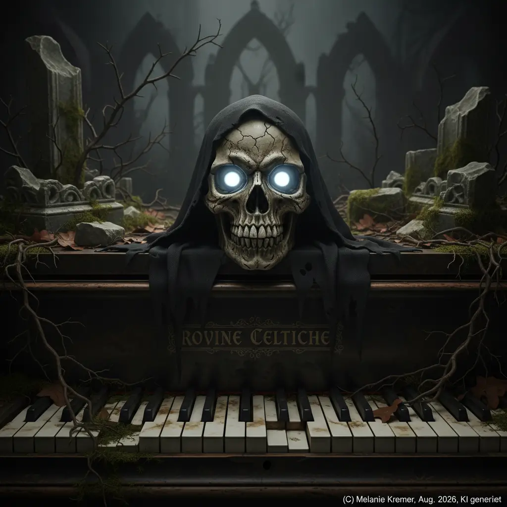 Crânio assustador com olhos brilhantes em um teclado de piano