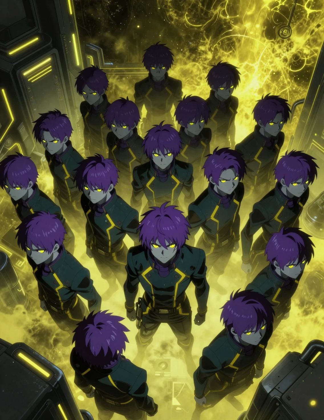 Overhead view of glowing eyed boys in sci fi lab