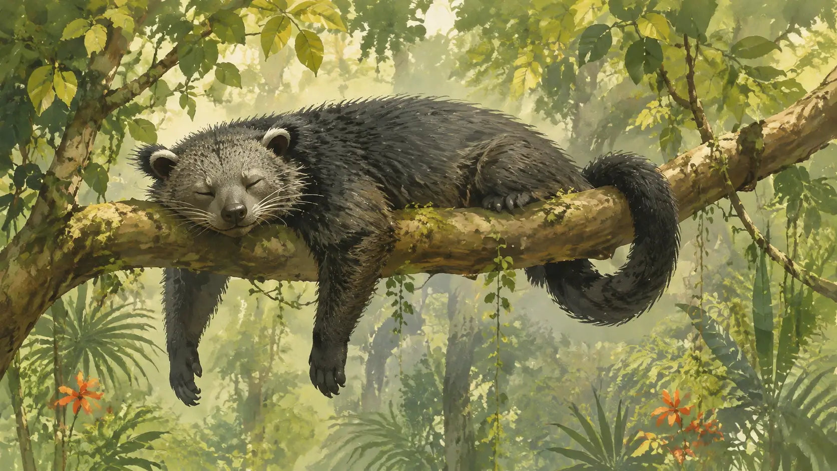 Relaxed binturong sleeping on a jungle canopy branch