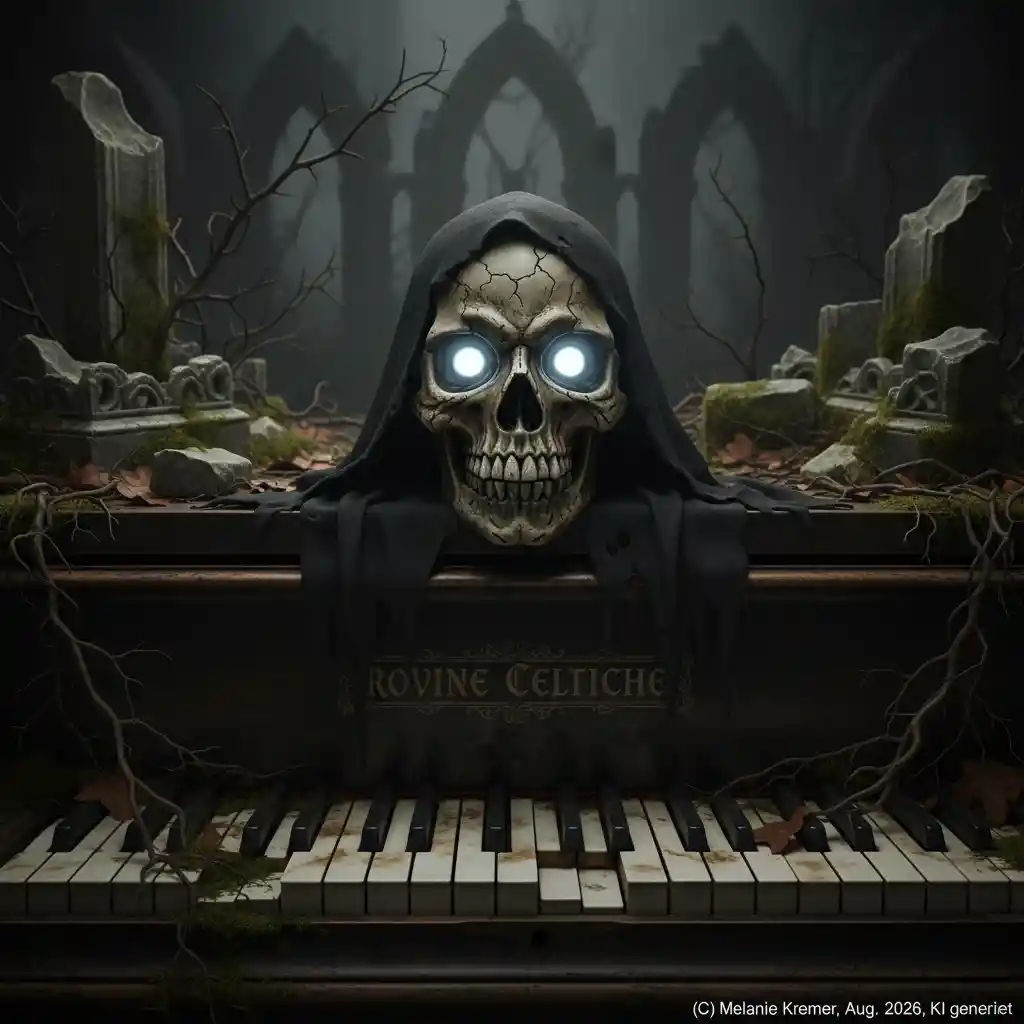 Crânio assustador com olhos brilhantes em um teclado de piano