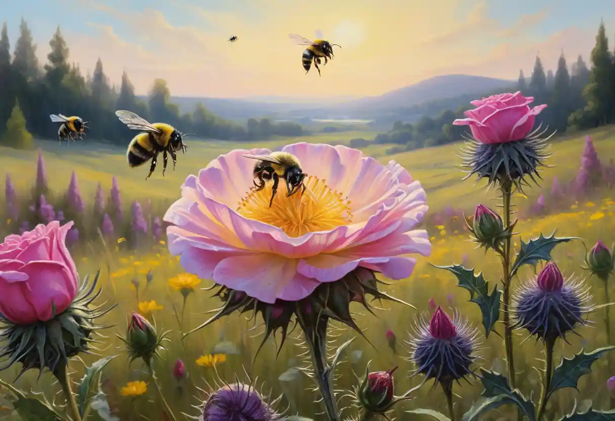 Close Up Oil Painting Of Bees In A Sunlit Wildflower Meadow