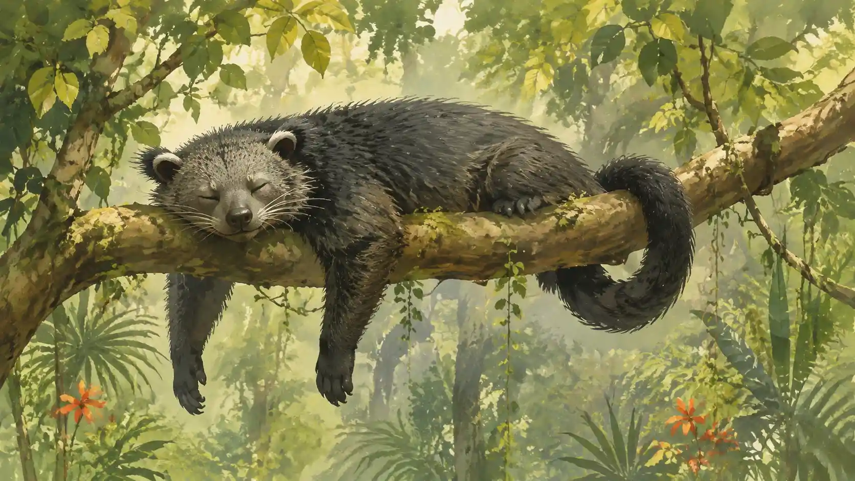 Relaxed binturong sleeping on a jungle canopy branch