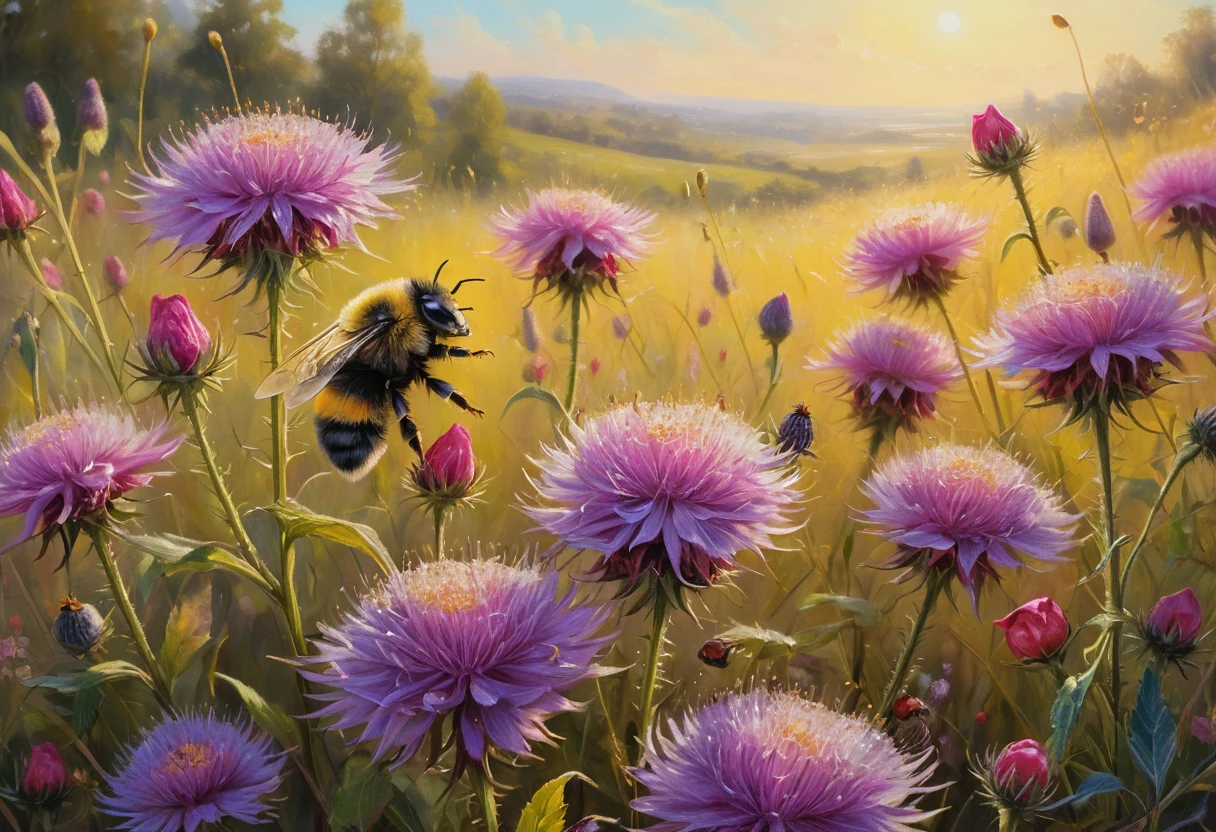 Close up oil painting of wildflowers in sunlight