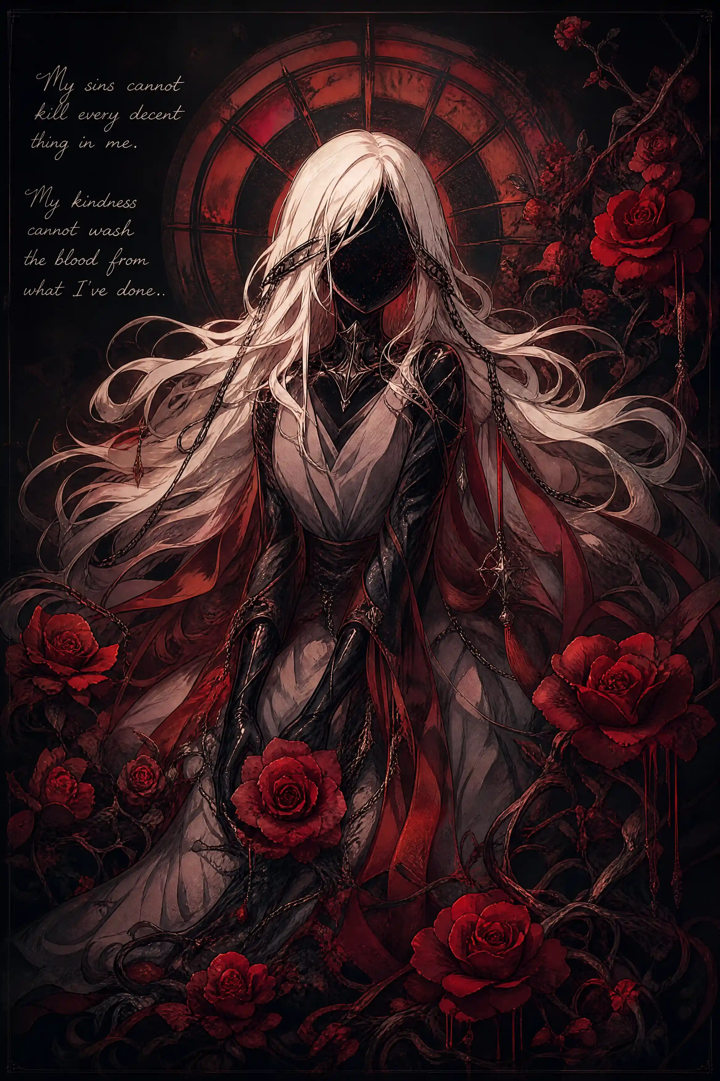 Dark fantasy poster with handwritten emotional confession text
