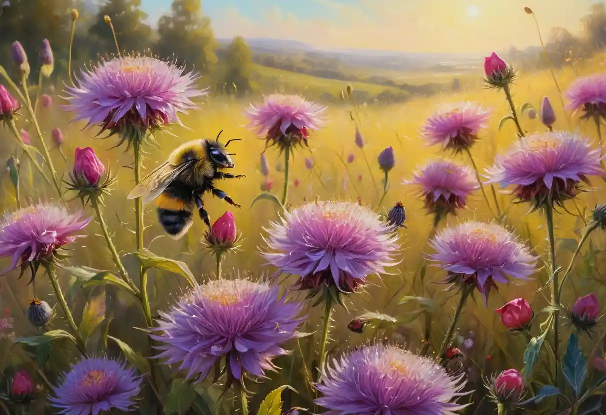 Close up oil painting of wildflowers in sunlight