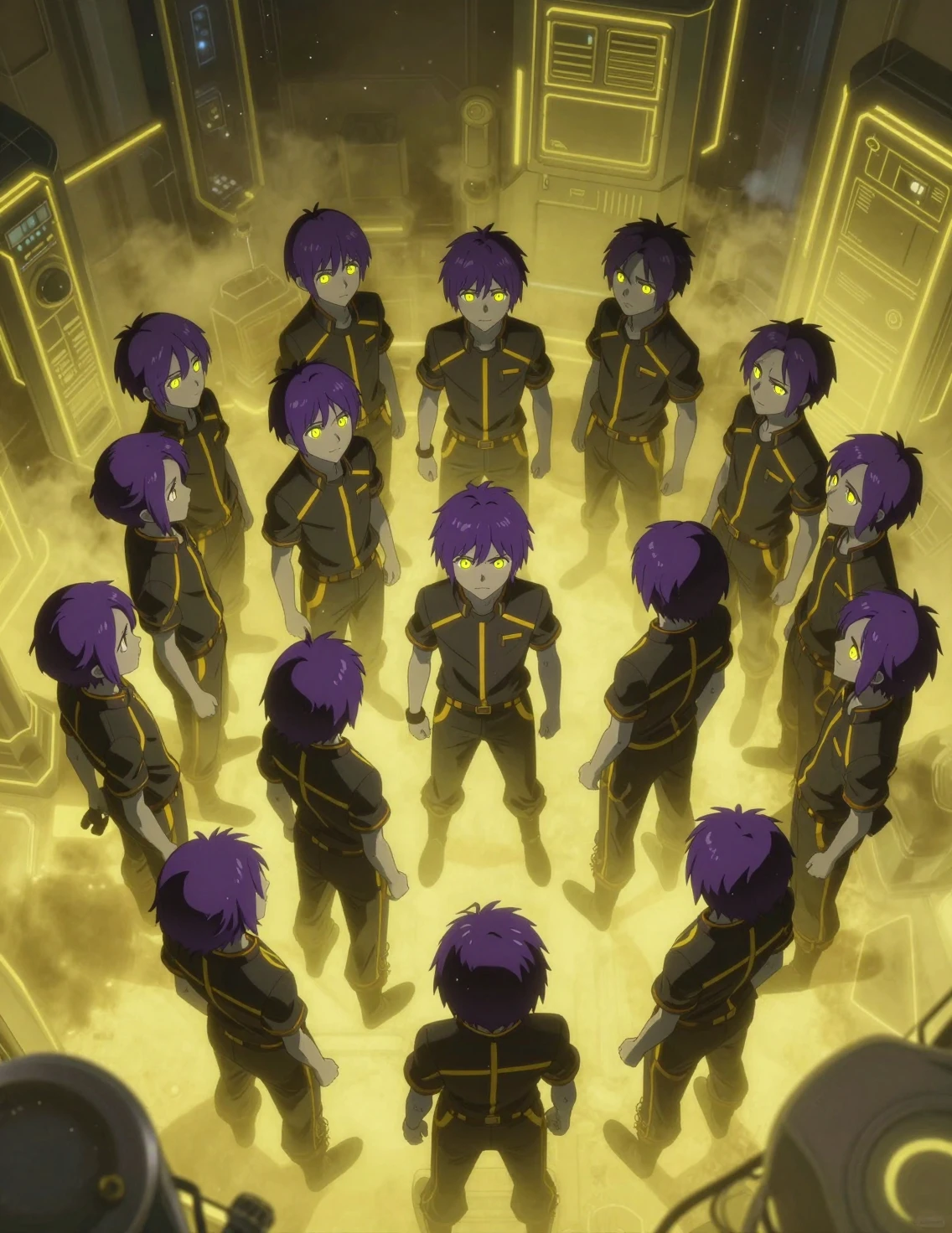 Vista Cenital de Chicos de Anime en una Instalación Sci-Fi de Neón