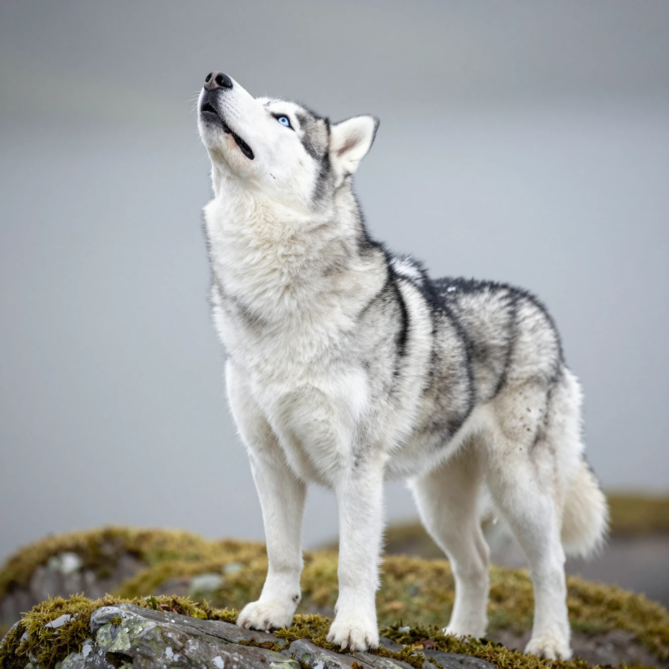 Sibirischer Husky heulend auf moosbewachsenem Felsen im Freien