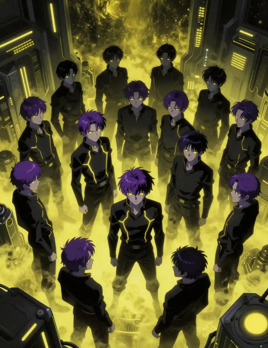 Ominous Anime Boys In Neon Lit Futuristic Research Facility