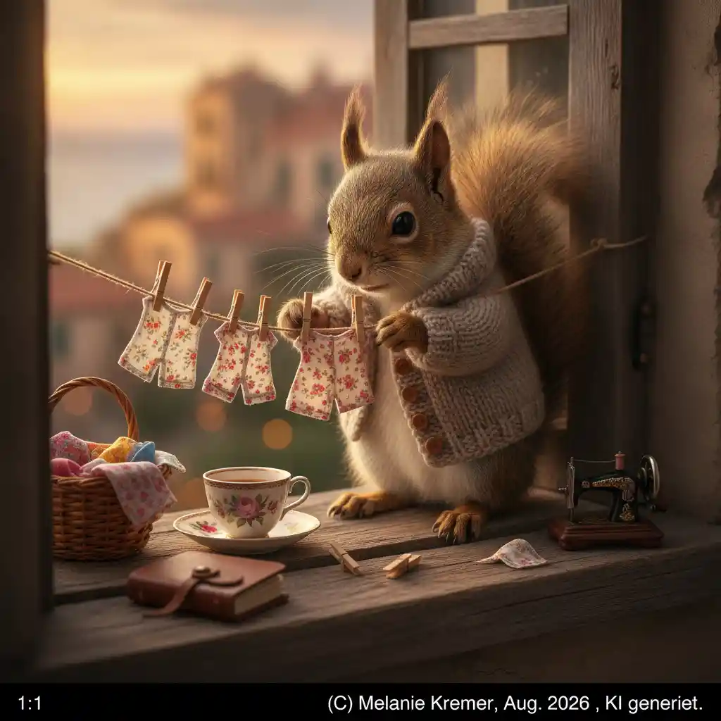 Cozy squirrel at a window doing tiny laundry at sunset