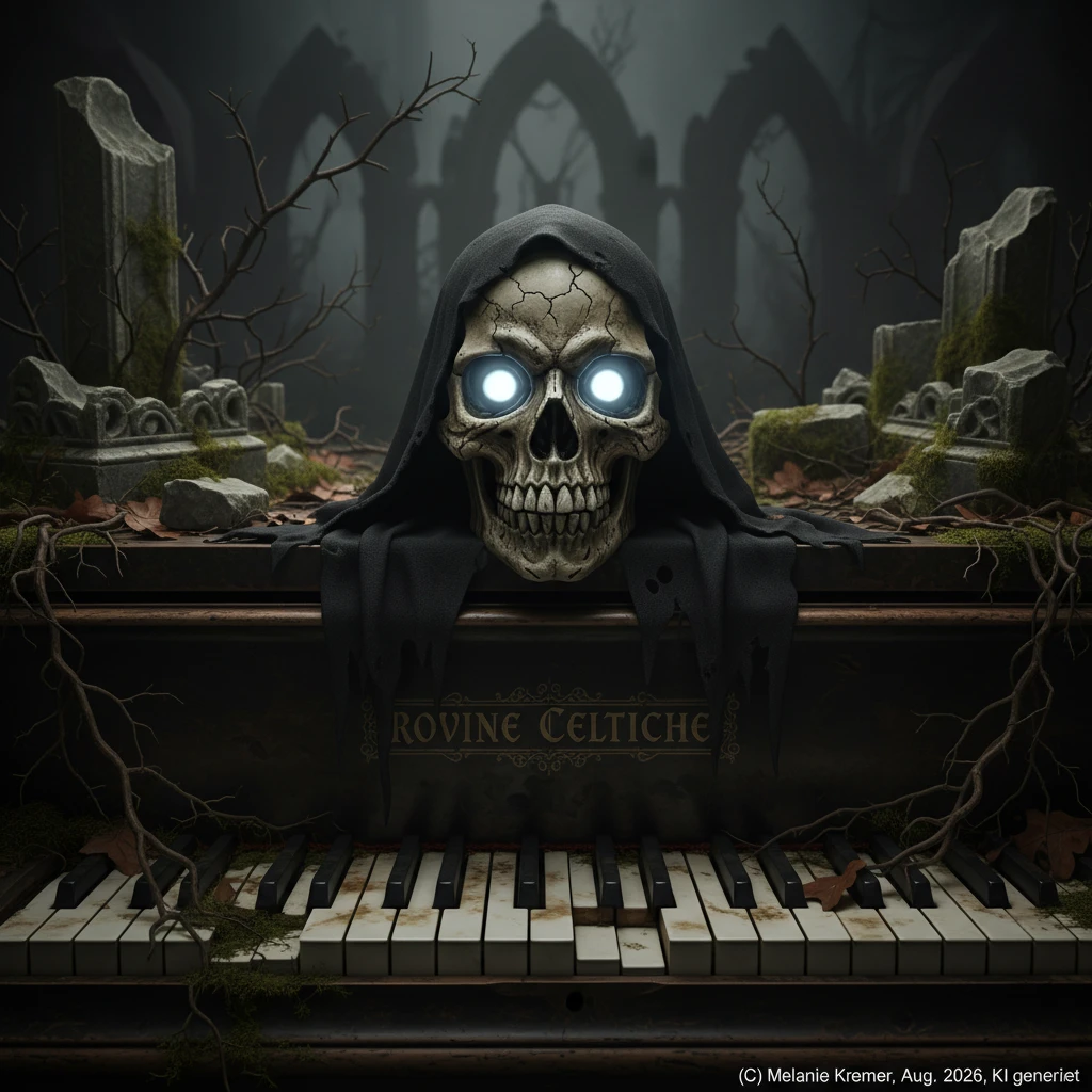 Calavera escalofriante con ojos brillantes sobre un teclado de piano