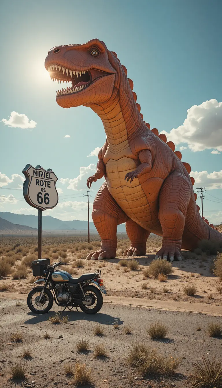 Vintage motorcycle by a giant dinosaur on desert highway