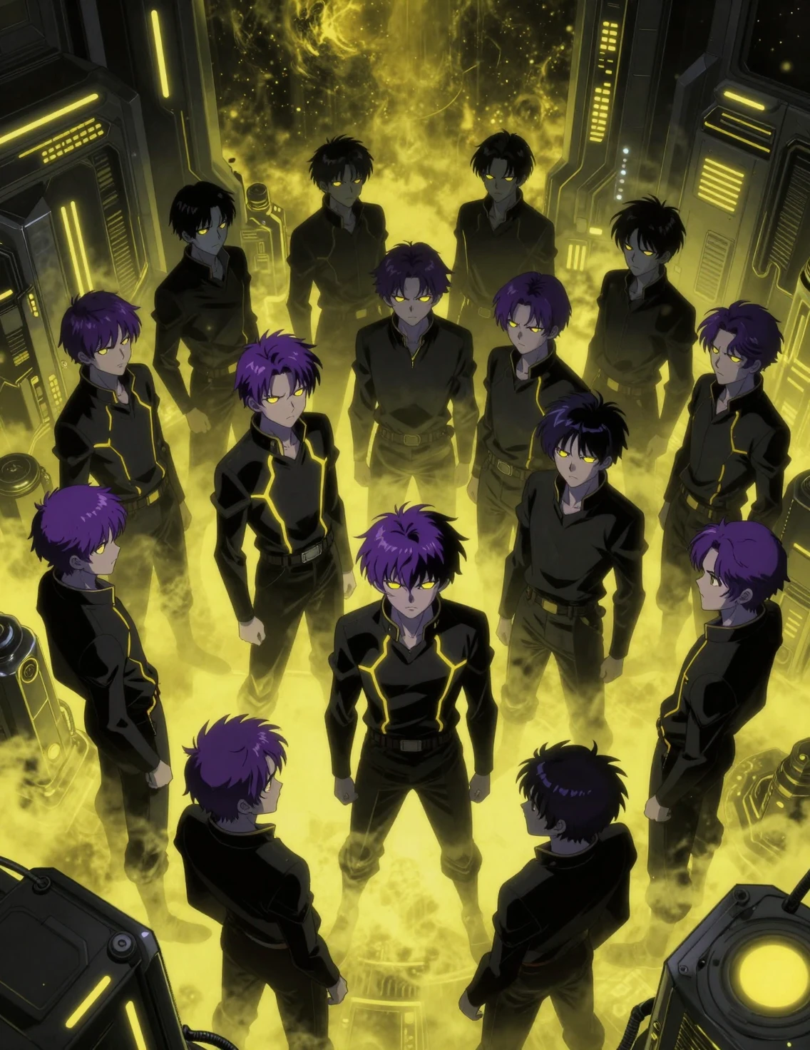 ネオンに照らされた未来研究施設の不穏なアニメ少年たち
