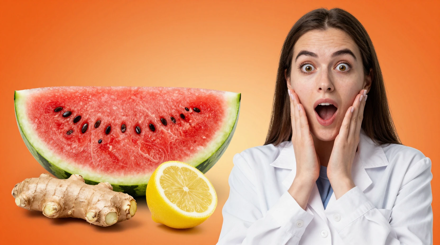 Surprised female doctor beside watermelon ginger and lemon