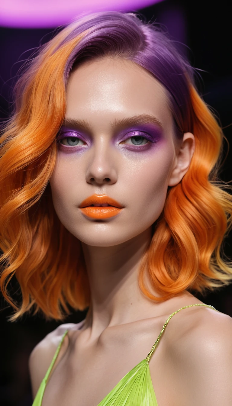 Femme aux tons néon avec cheveux irisés sculptés