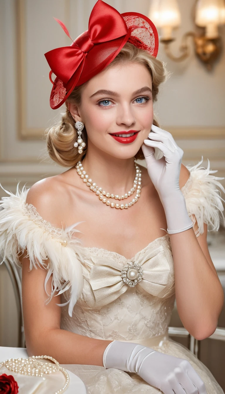 Retrato de mujer rubia elegante con moda vintage parisina