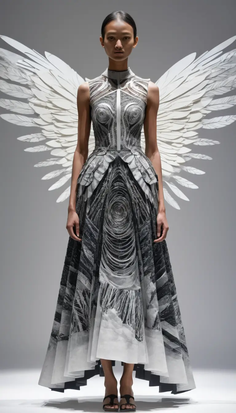 Vestido cinético de silhueta com padrões transparentes em camadas vibrantes