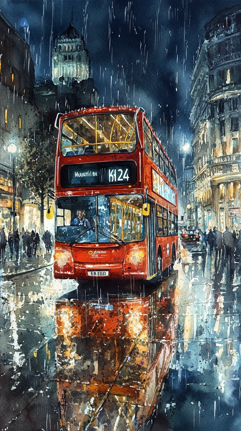 Escena nocturna en acuarela de un autobús rojo de Londres bajo la lluvia
