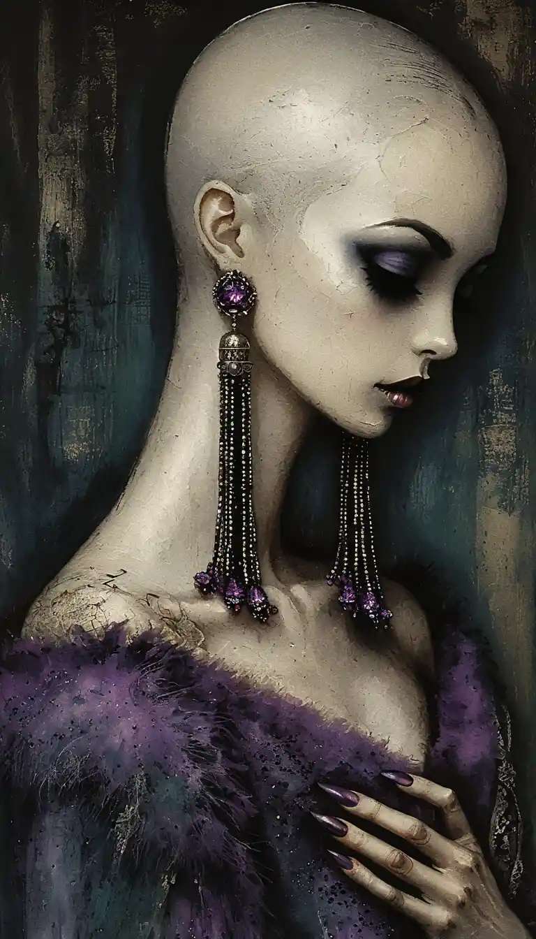 Surreal gothic woman with elongated neck in moody profile