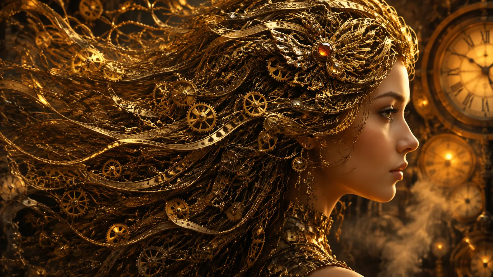 Retrato Steampunk com Cabelo de Engrenagens em Luz Dourada Quente