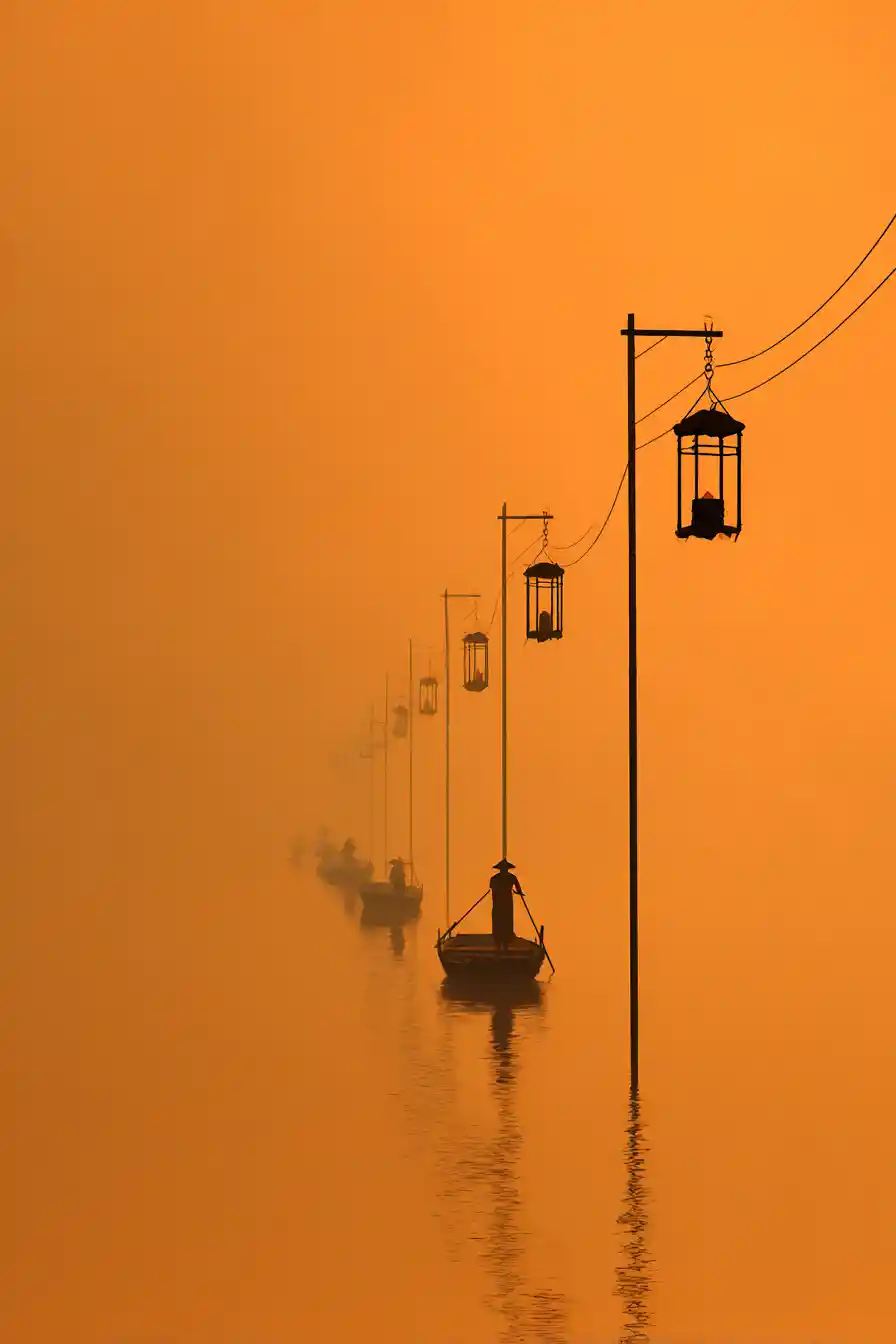 Río minimalista de bambú con barcos de faroles brillantes al atardecer