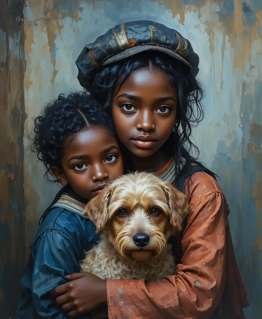 Shy young girl hugging a scruffy dog in soft light