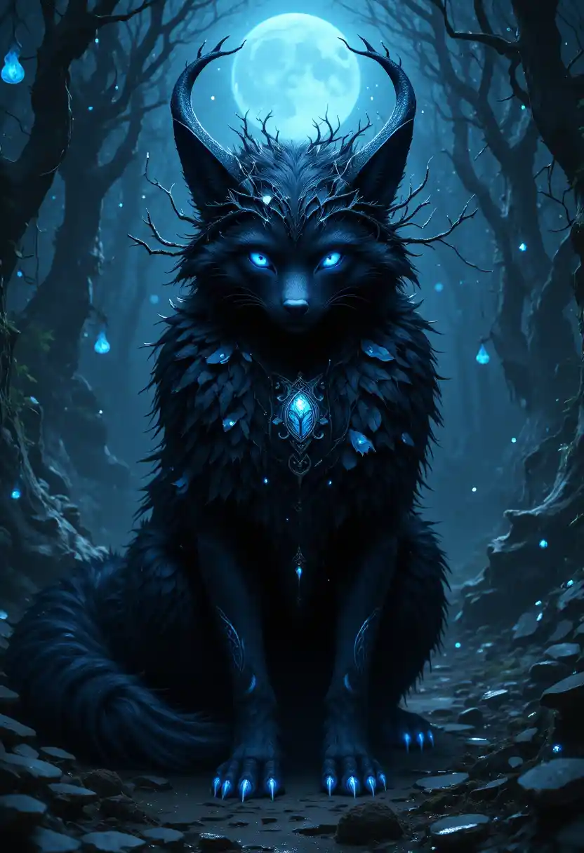 Mystical horned forest guardian with glowing runes and spirits