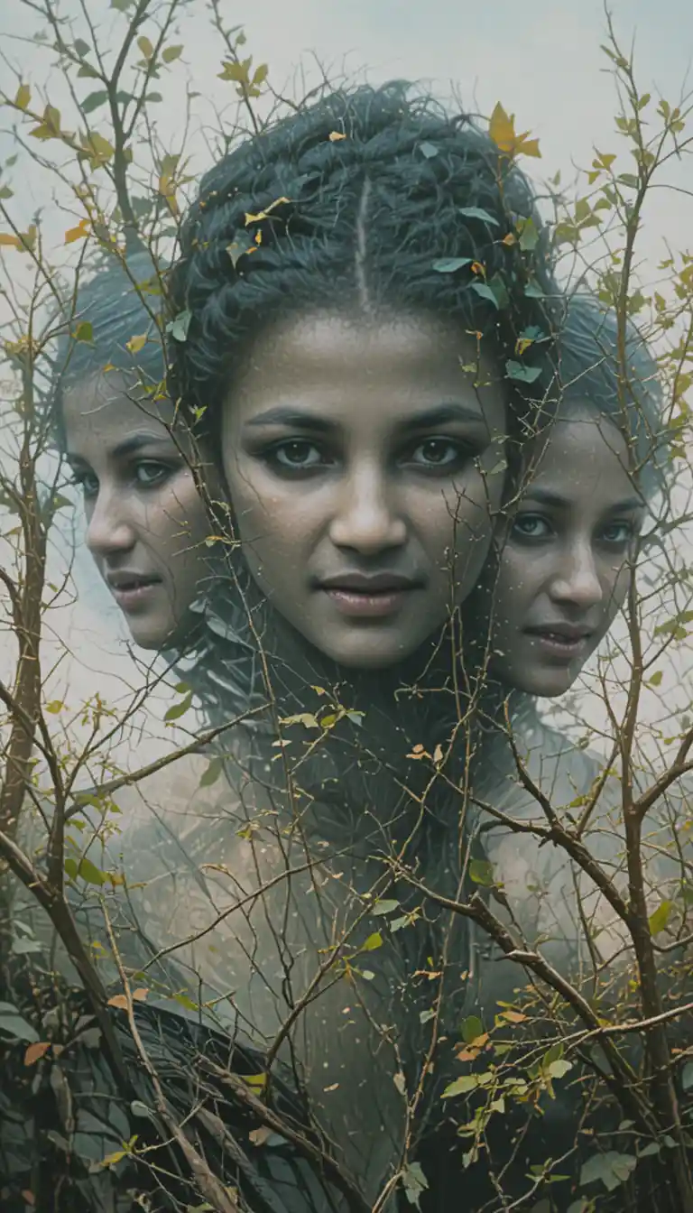 Double exposure painting of serene female faces among trees
