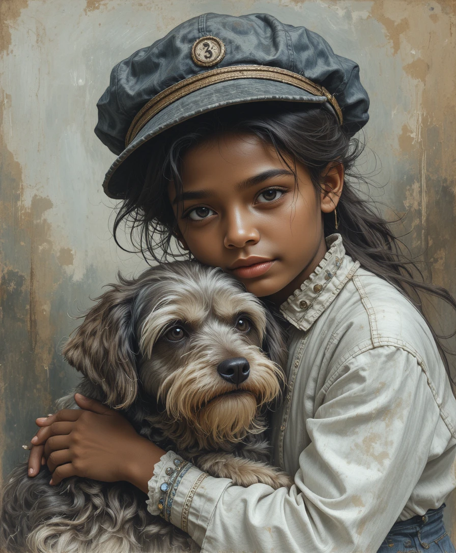 Tierno retrato de una niña negra tímida abrazando a su perro