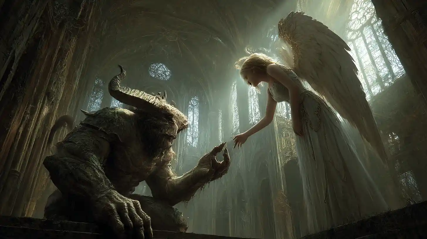 Ancient Demon Reaching Toward A Heavenly Female Angel