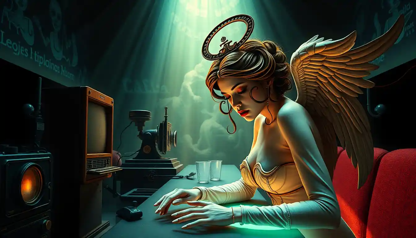 Femmes cinématographiques dans un sombre laboratoire expérimental pop surréaliste