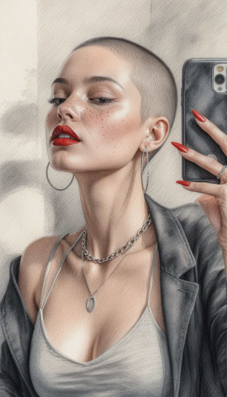 Dibujo de mujer con buzz cut tomando una selfie en el espejo con confianza