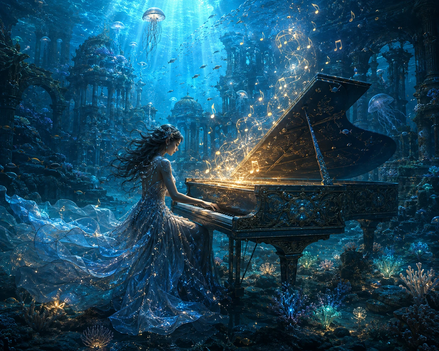 Pianista mística tocando um piano de cauda em uma cidade oceânica em ruínas