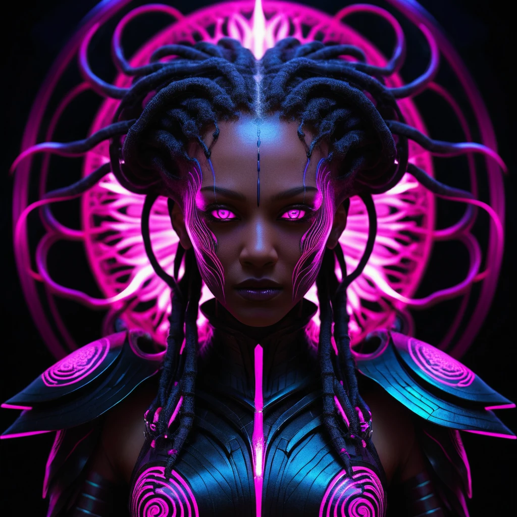 Princesa biomecânica sombria no vazio em neon magenta