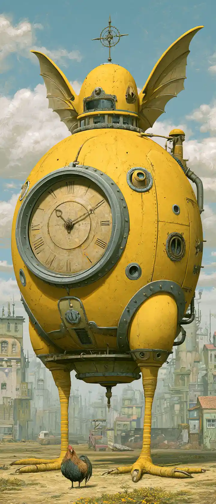 Máquina do tempo amarela surreal com asas e pés de pássaro