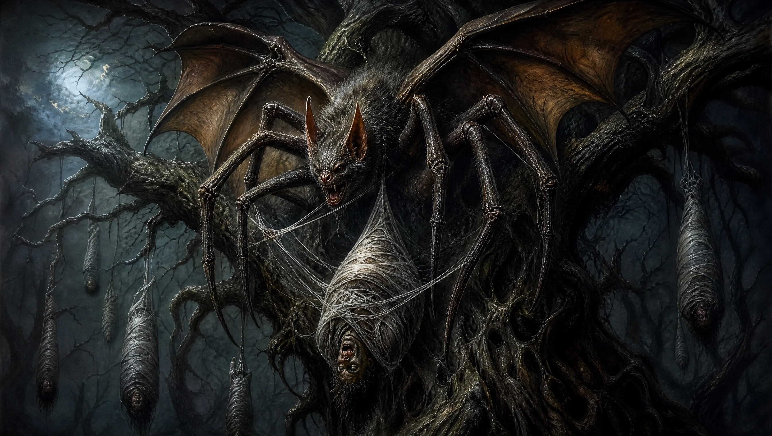 Monstruo araña-murciélago en un bosque oscuro y encantado