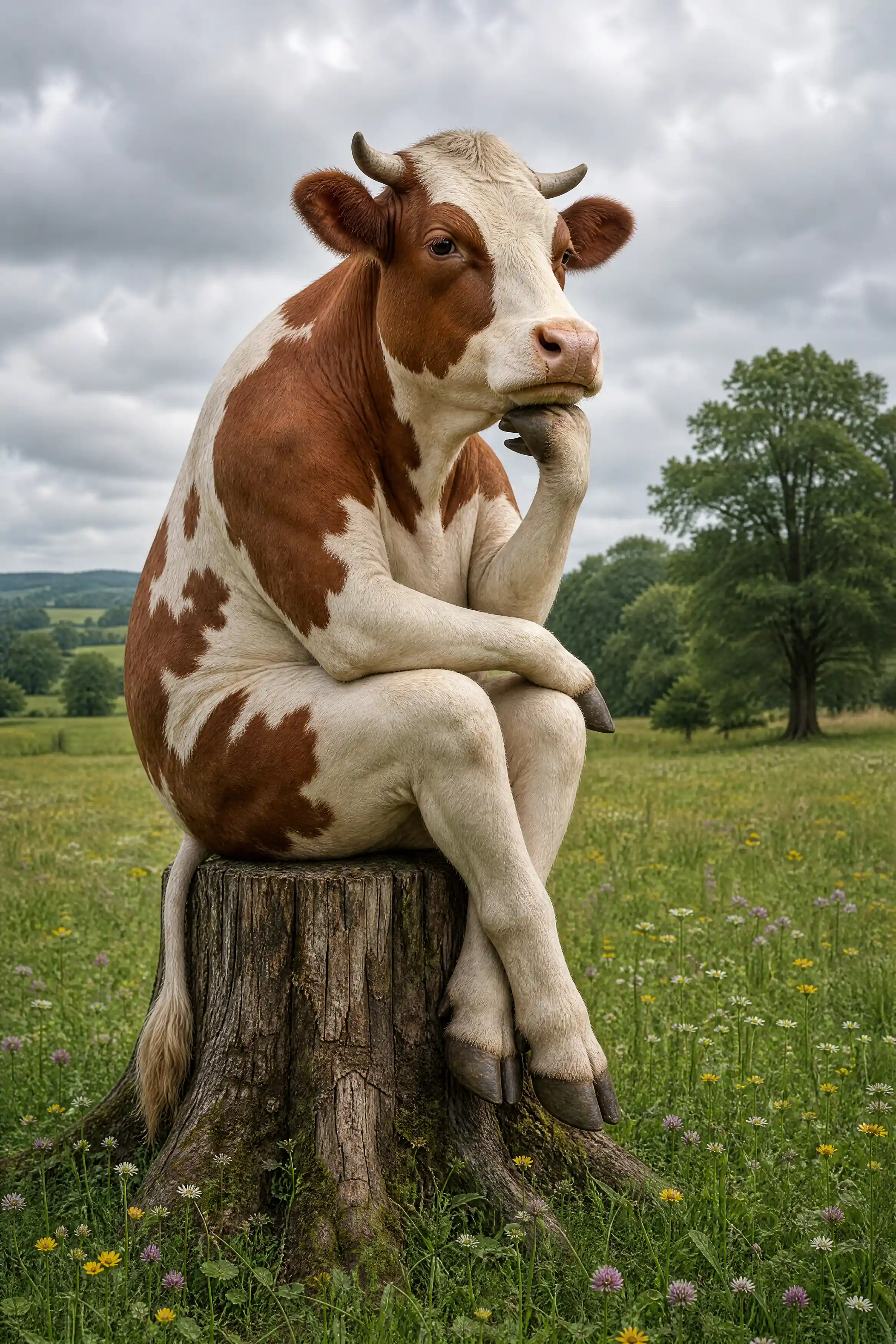 Contemplative cow sitting on a tree stump in a meadow