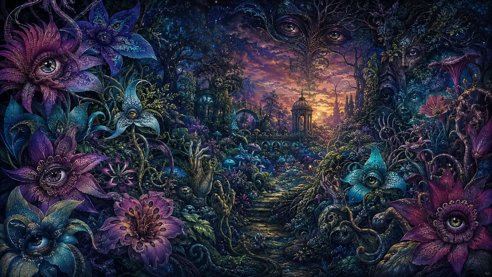 Giardino incantato al crepuscolo con piante surreali che osservano