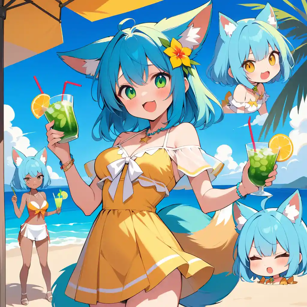 Fofa garota de anime com orelhas de raposa segurando um mojito de verão