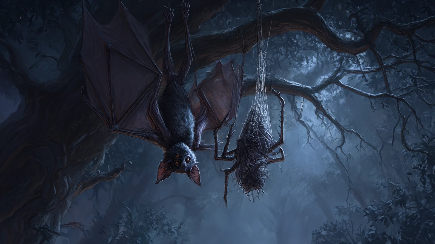 Monstruo grotesco de araña y murciélago en un bosque oscuro y encantado