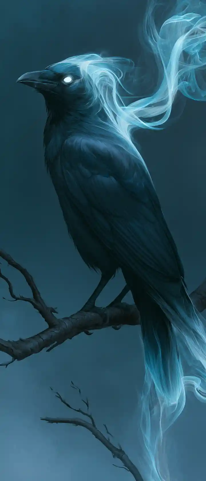 Corvo místico de ar branco brilhante pousado em um galho