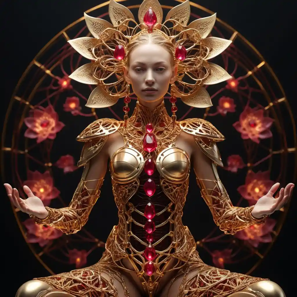 Reine cybernétique tenant un lotus mécanique lumineux