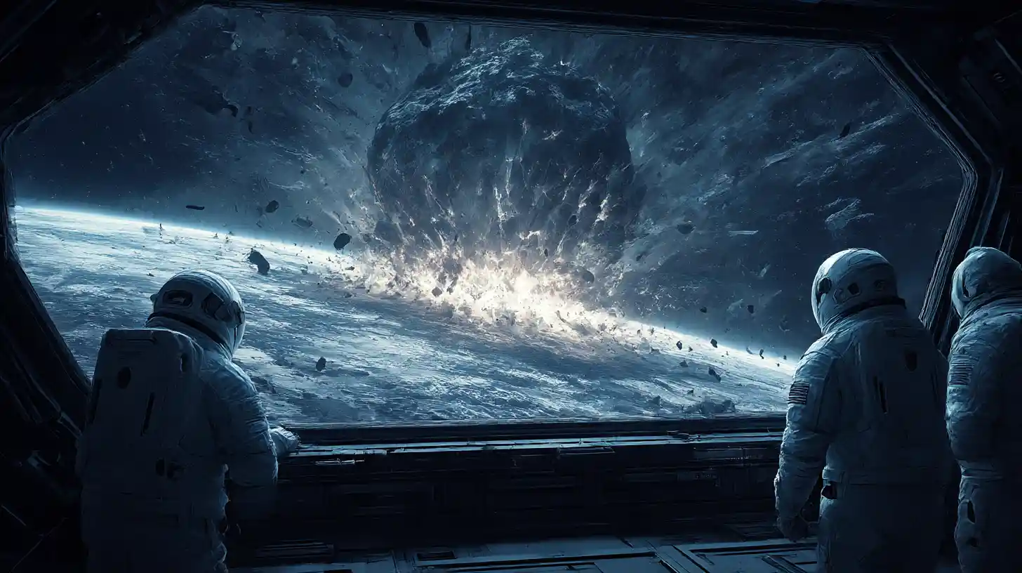 Astronauti che osservano un devastante impatto di asteroide sulla Terra
