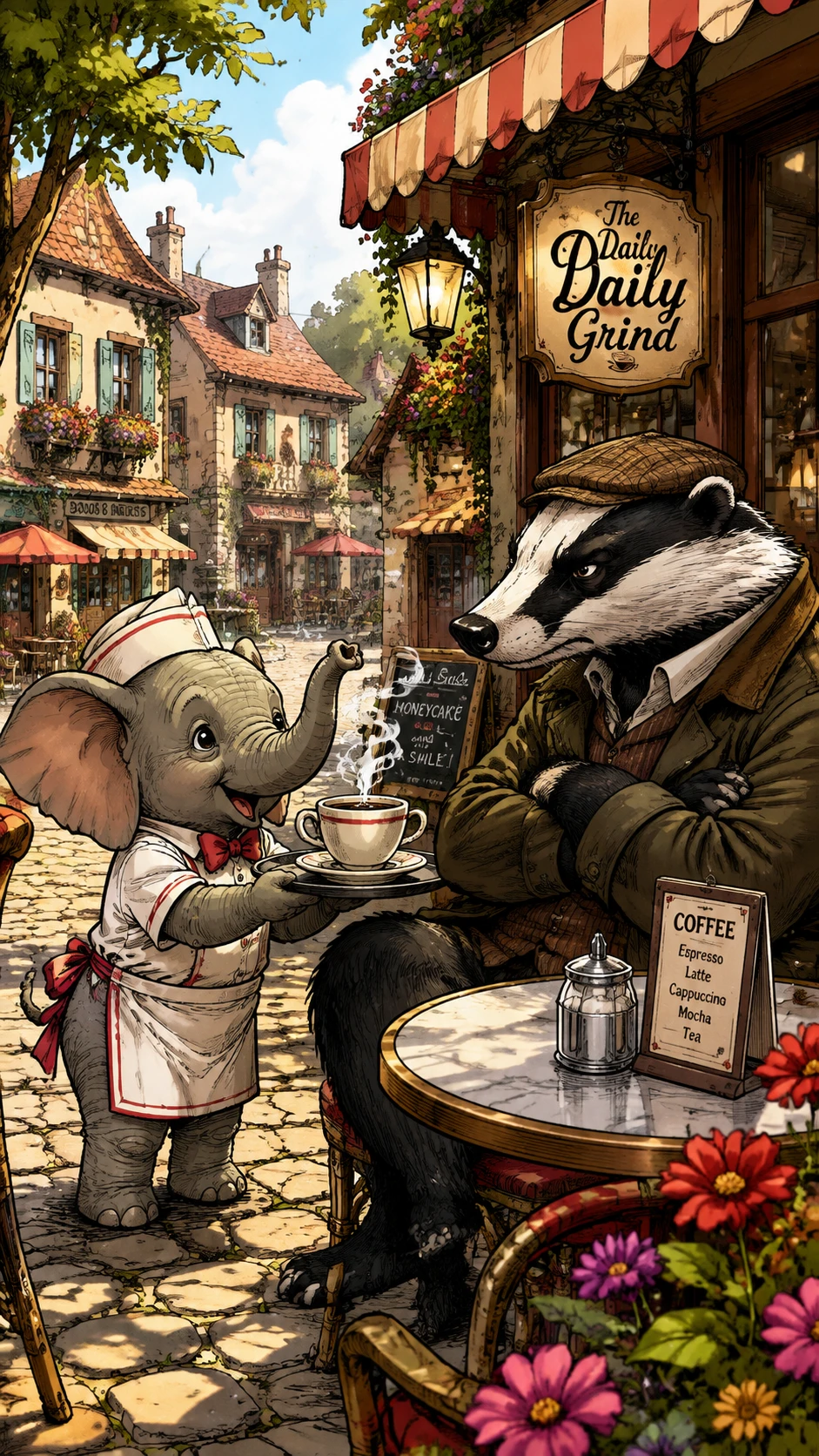 Pequeno garçom elefante servindo café em café da vila