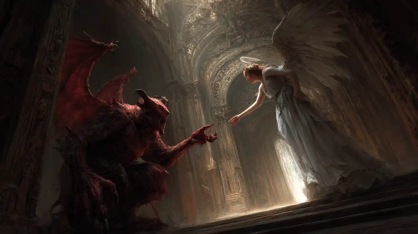Antiguo demonio que se extiende hacia un ángel celestial radiante